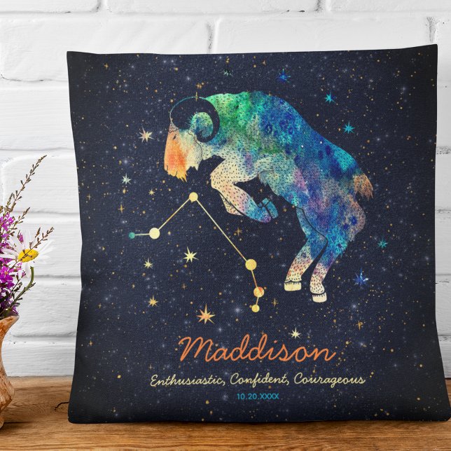 Coussin Constellation du Bélier Zodiaque Aquarelle Étoiles (Front and Back)
