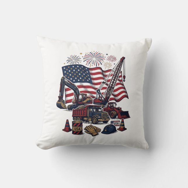 Coussin Construction Patriotique USA Vintage (Recto)