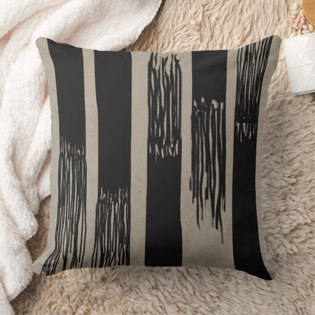 Coussin Contraste Neutre Moderne Franges Frangées Tan Noir (Couverture)