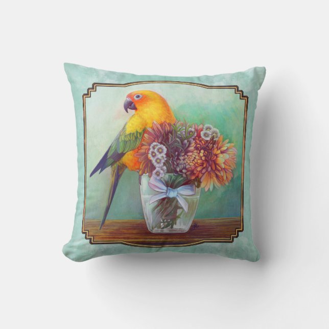 Coussin Conure et fleurs de Sun (Recto)
