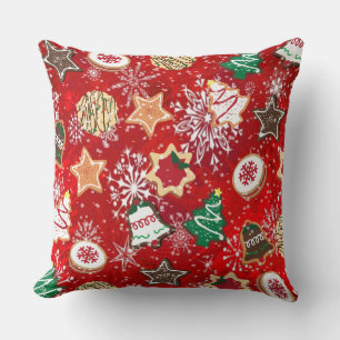 Coussin Cookies de Noël et flocons de neige sur fond rouge