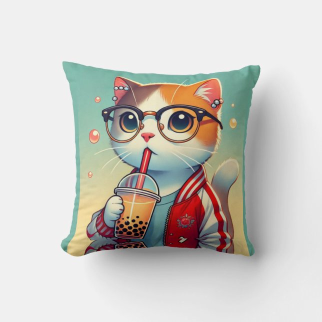 Coussin Cool Chat en train de boire du boba (Recto)