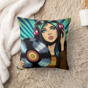 Coussin Cool Pop Art Comic Style Girl avec Album de Vinyl