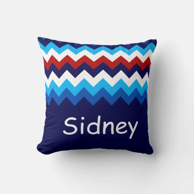 Coussin Cool Rouge Blanc Bleu Chevrons Monogramme Jeu d'or (Recto)