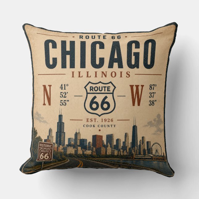 Coussin Coordonnées de la route 66 à Chicago Voyage (Recto)