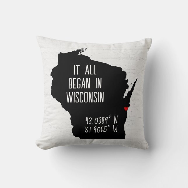 Coussin Coordonnées GPS du Wisconsin avec cœur (Recto)