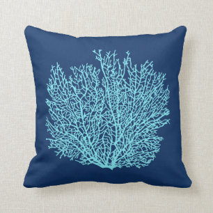 Coussin Copie de corail de fan, Aqua sur le bleu de cobalt