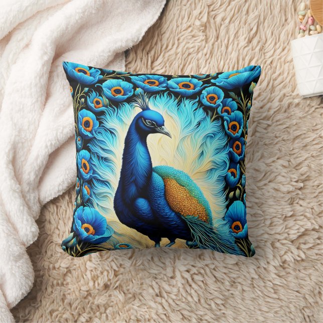 Coussin Coq coloré entouré de fleurs bleues (Couverture)