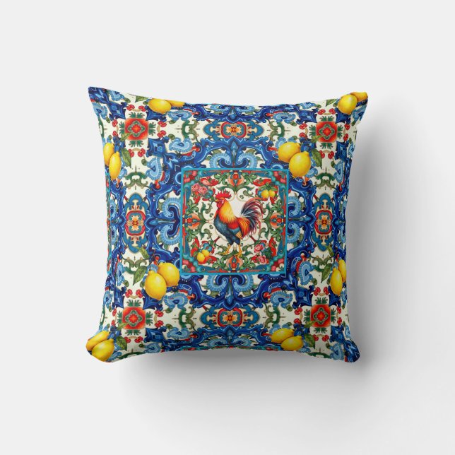 Coussin Coq coloré, Méditerranée, mosaïque, citron, (Recto)