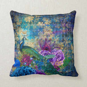 Coussin Coq couronné sur la flore violette bleue