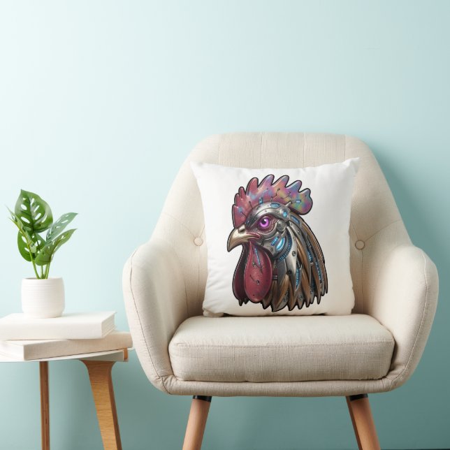 Coussin Coq Cyberpunk Art mécanique iridescent (Chaise)