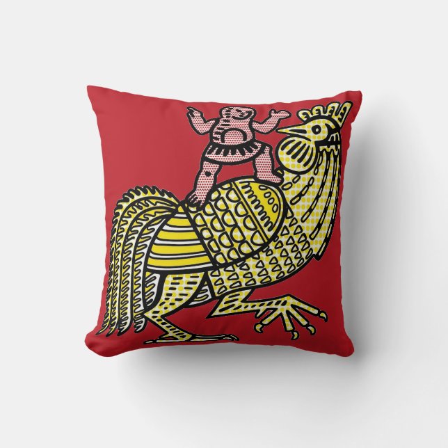 Coussin Coq d'art pop rétro avec figure en point Ben-Day (Recto)