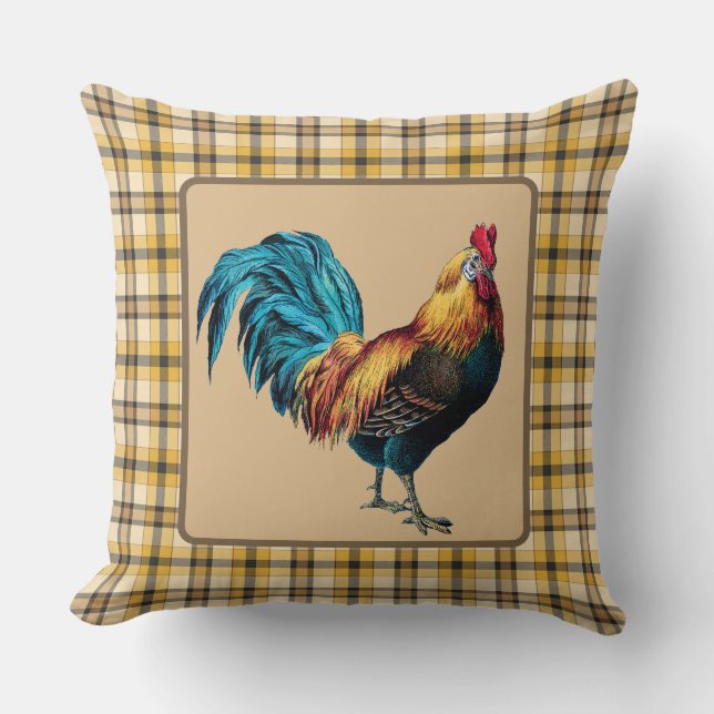 Coussin Coq de campagne à carreaux marron (Recto)