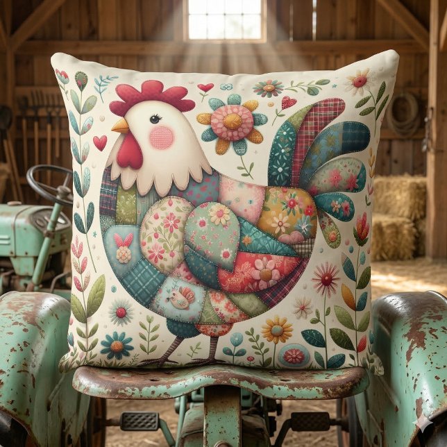 Coussin Coq en patchwork folklorique avec accents floraux (Folk Patchwork Rooster with Floral Accents Throw Pillow Mockup D)