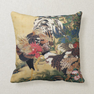 Coussin Coq et poule avec des hortensias