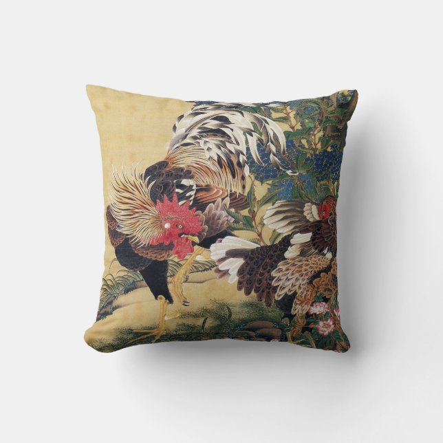Coussin Coq et Poule avec Hydrangeas (Recto)