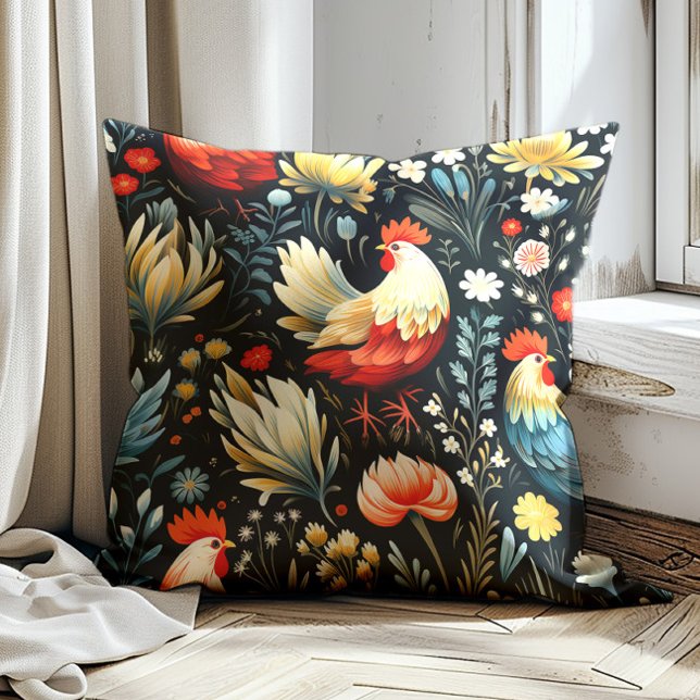 Coussin Coq Fleurs de poulet Ferme noire  (Red and cream-colored rooster on black decorator pillow)