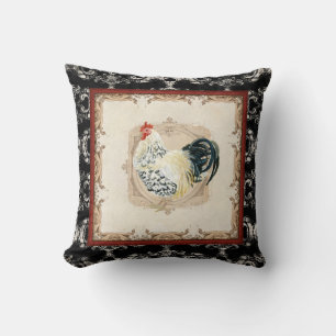 Coussin Coq français de blanc du noir n de damassé de