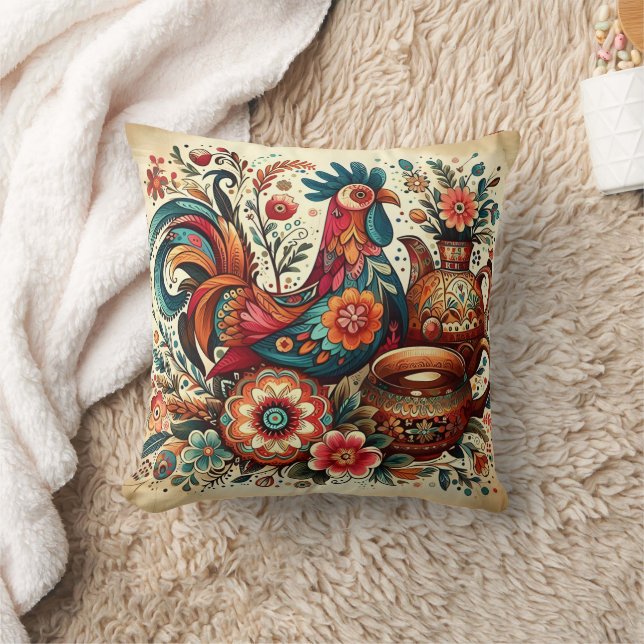 Coussin Coq parmi les fleurs vives (Couverture)
