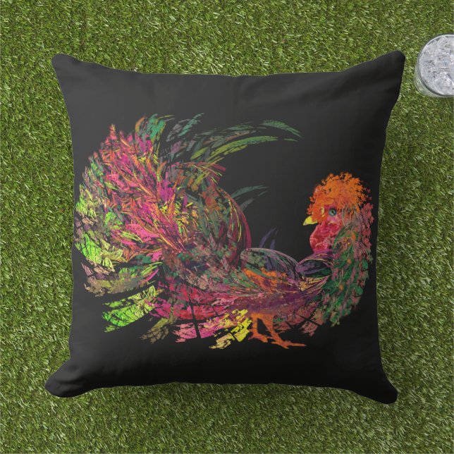 Coussin Coq Peigne Doré Art Fractal (Herbe)