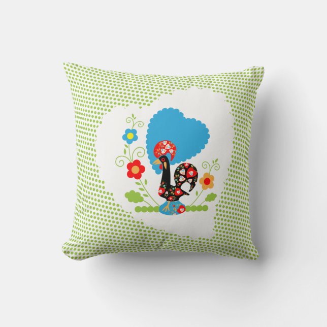 Coussin Coq portugais avec pois vert clair. (Recto)