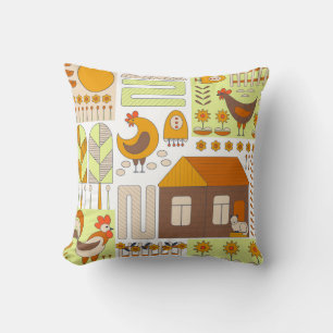 Coussin Coq, poules, dessin géométrique floral.