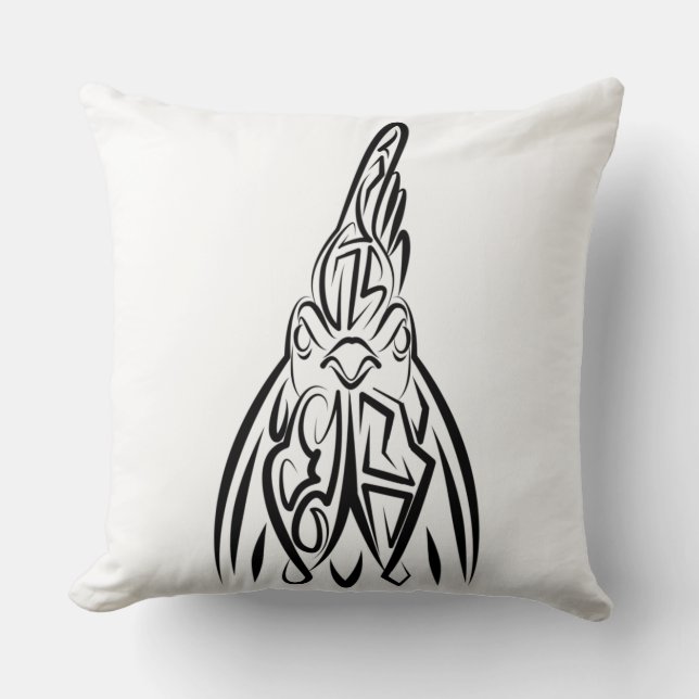 Coussin Coq Tribal Noir et Blanc (Recto)