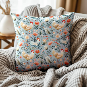 Coussin Coqs Poules Ferme Bleu Poussiéreux