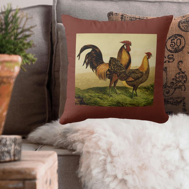 Coussin Coqs Poules Hambourg à Plumage Doré sur une Ferme (Créateur téléchargé)