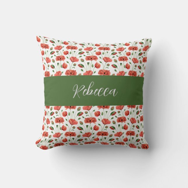Coussin Coquelicot Aquarelle Fleur Sauvage Monogramme Nom (Recto)