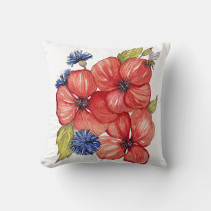 Coussin Coquelicot rouge et bleuet aquarelle