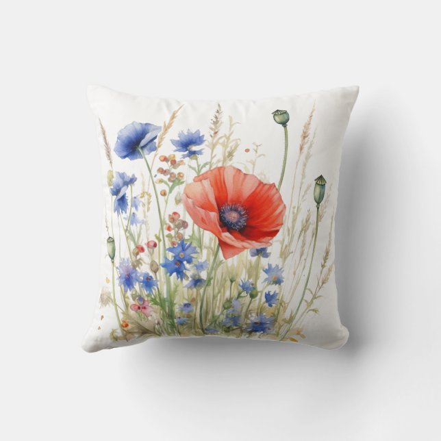 Coussin  Coquelicots & Bleuets : Aquarelle de Prairie Rust (Verso)