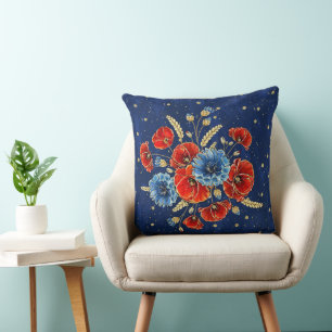 Coussin Coquelicots commémoratifs bleus, rouges et or élég