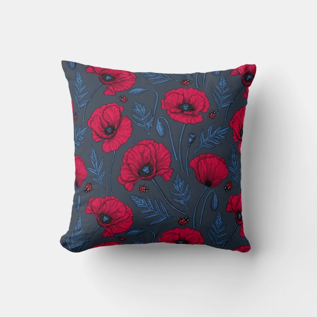 Coussin Coquelicots et coccinelles sur fond bleu foncé (Recto)