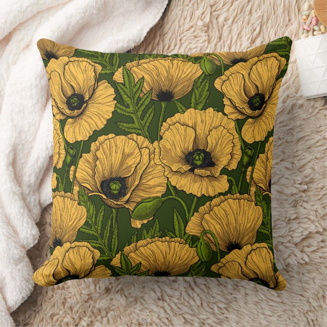 Coussin Coquelicots jaunes sur vert foncé (Couverture)