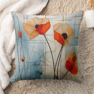 Coussin Coquelicots rouges modernes avec des lignes géomét