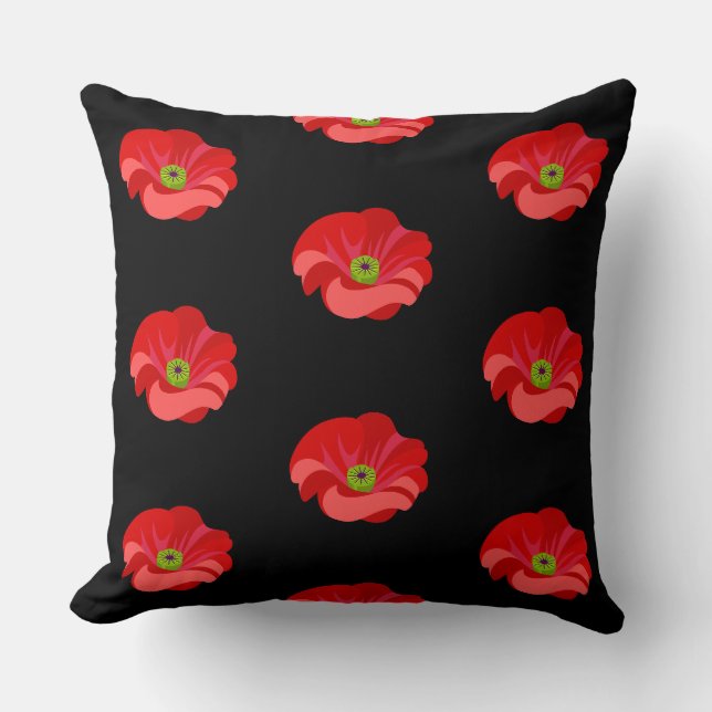 Coussin Coquelicots rouges sur fond noir (Recto)