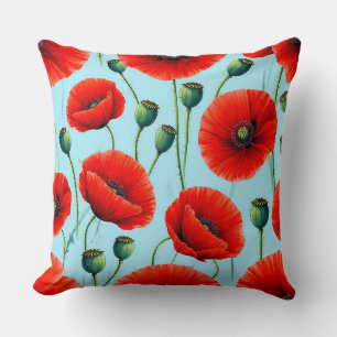Coussin Coquelicots rouges vibrants sur fond bleu clair