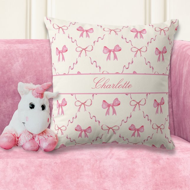 Coussin Coquette à la botte rose (sweet girly coquette pink bow throw pillow with custom name, personalized gift for teen girl, woman)