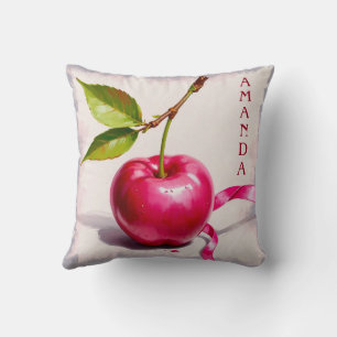 Coussin Coquette Cerise rose avec Feuilles et ruban