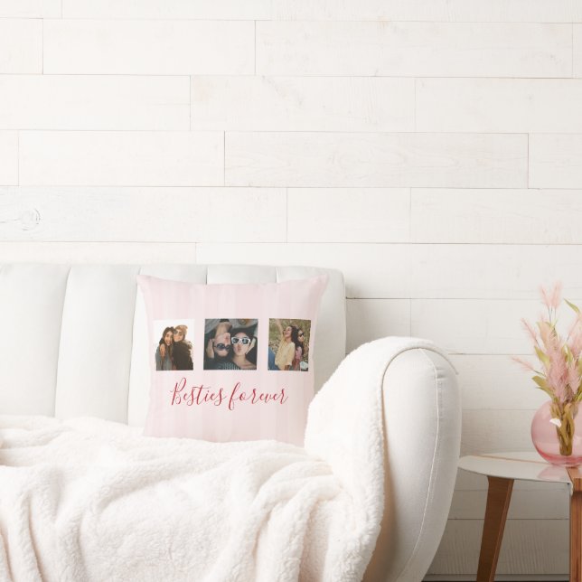 Coussin coquette Custom Besties Photos Collage Pink Stripe (Canapé)