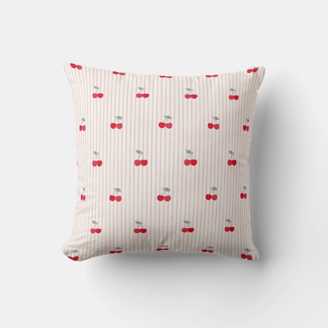 Coussin Coquette Rétro Cerises Rouges et Rayures Rouges Cœ (Recto)