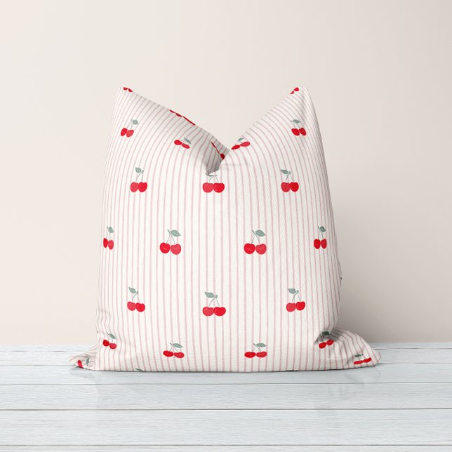 Coussin Coquette Rétro Cerises Rouges et Rayures Rouges Cœ (Créateur téléchargé)
