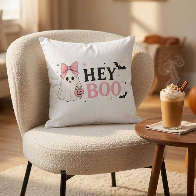 Coussin Coquette Rose Hey Boo Fantôme Halloween  (Créateur téléchargé)