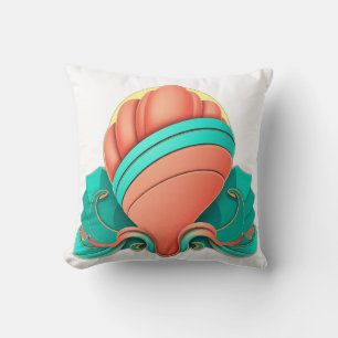 Coussin Coquillage Art Déco en Turquoise et Corail