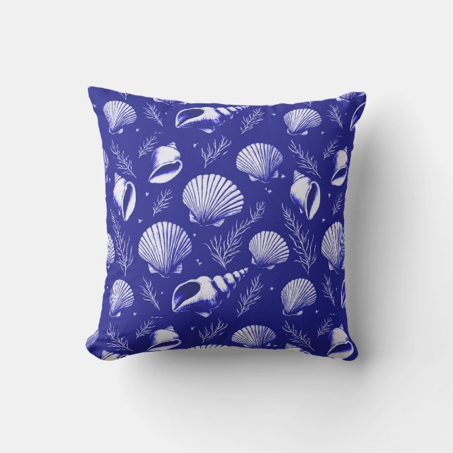 Coussin Coquillages et Algues en Bleu Nuit et Blanc  (Recto)