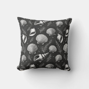 Coussin Coquillages et algues en noir et blanc