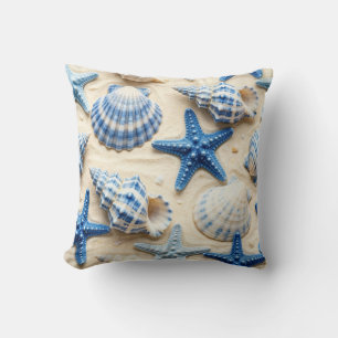 Coussin Coquillages et étoiles de mer bleus et blancs côti