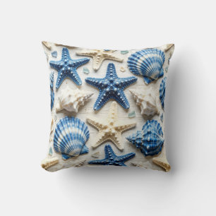 Coussin Coquillages et étoiles de mer bleus et blancs côti