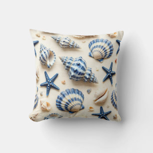 Coussin Coquillages et étoiles de mer bleus et blancs côti